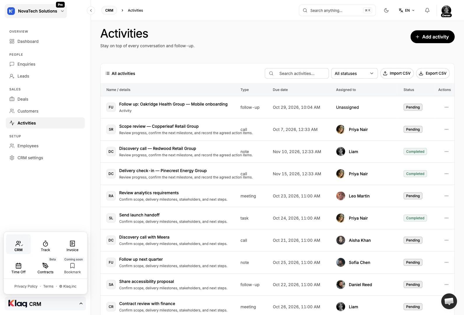 Activities in the Klaq demo workspace