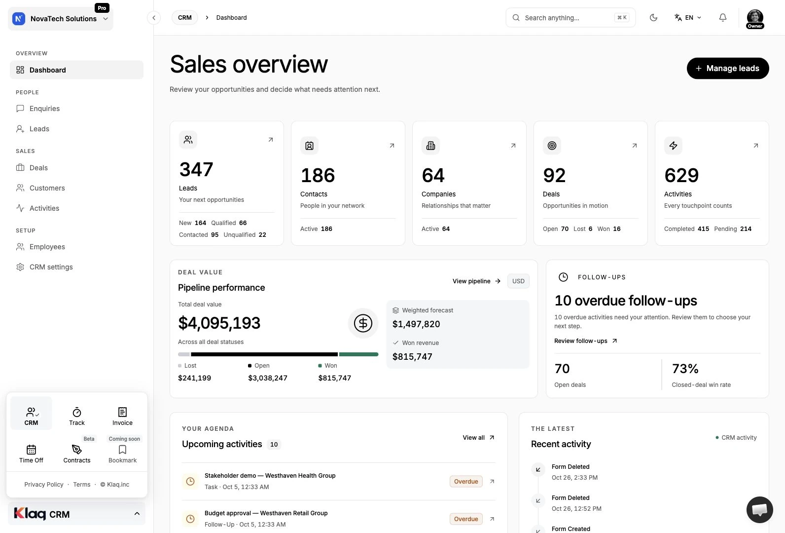 CRM in the Klaq demo workspace