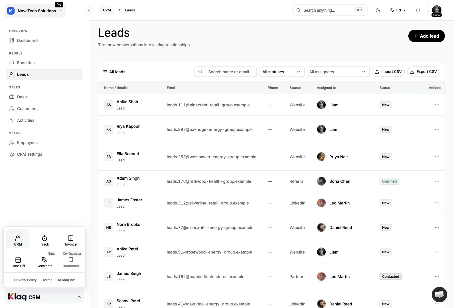 Leads in the Klaq demo workspace