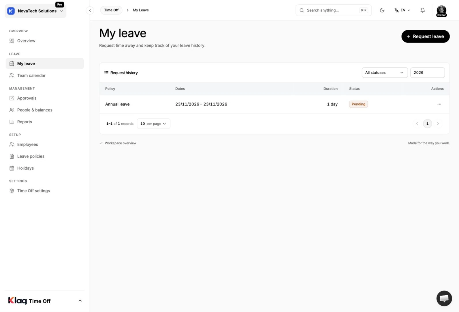 My leave in the Klaq demo workspace