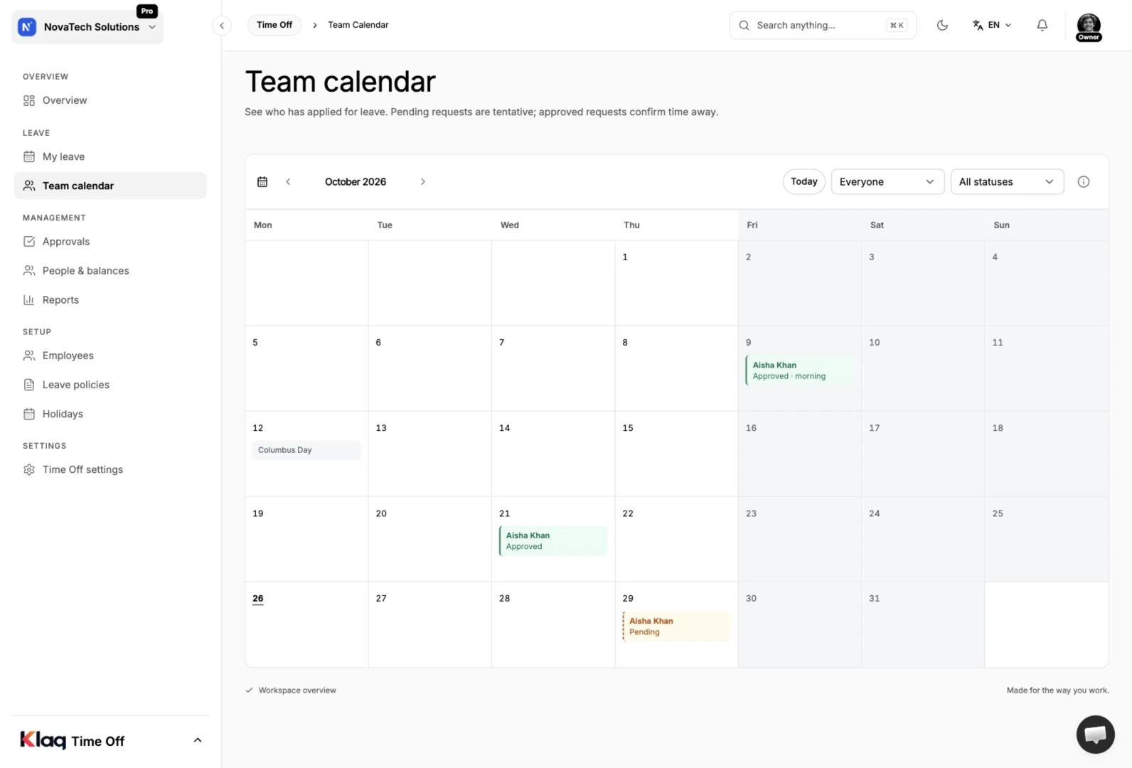 Team calendar in the Klaq demo workspace