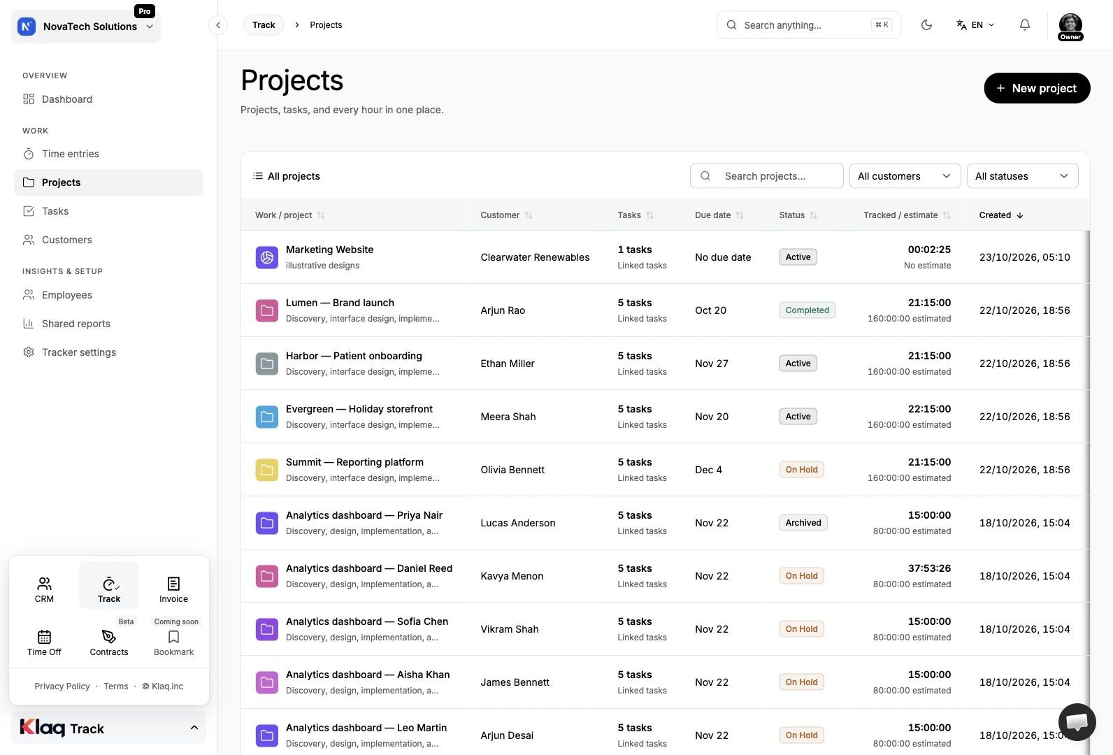 Projects in the Klaq demo workspace