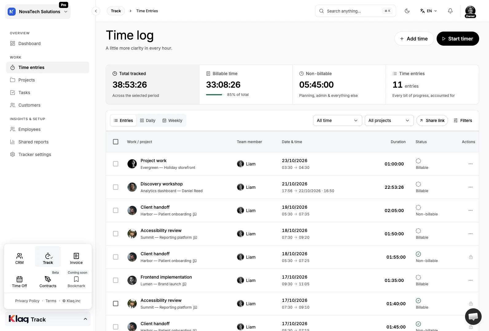 Time entries in the Klaq demo workspace